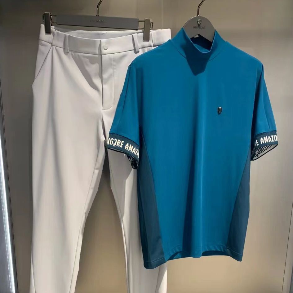 AMAZINGCRE Men Golf Shirt Slim High-Neck Short Sleeve Top