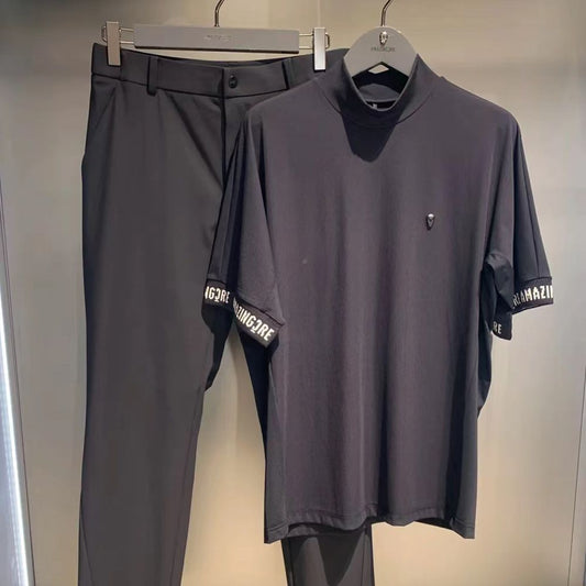 AMAZINGCRE Men Golf Shirt Slim High-Neck Short Sleeve Top