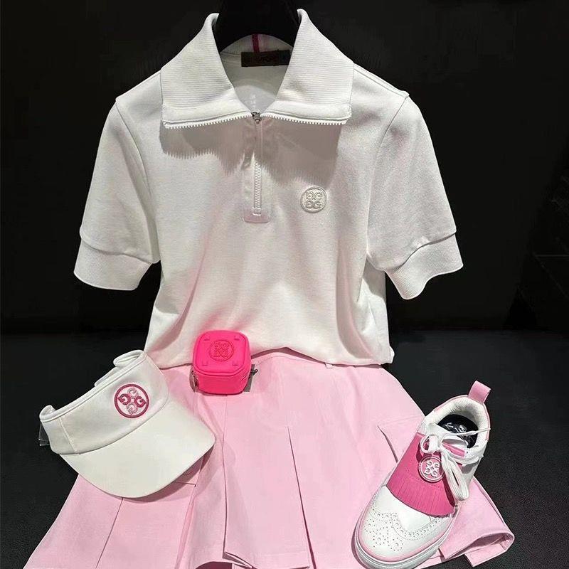 G/FORE Korea Women's Zip-Collar Golf Shirt Short Sleeve Quick Navy/White Top