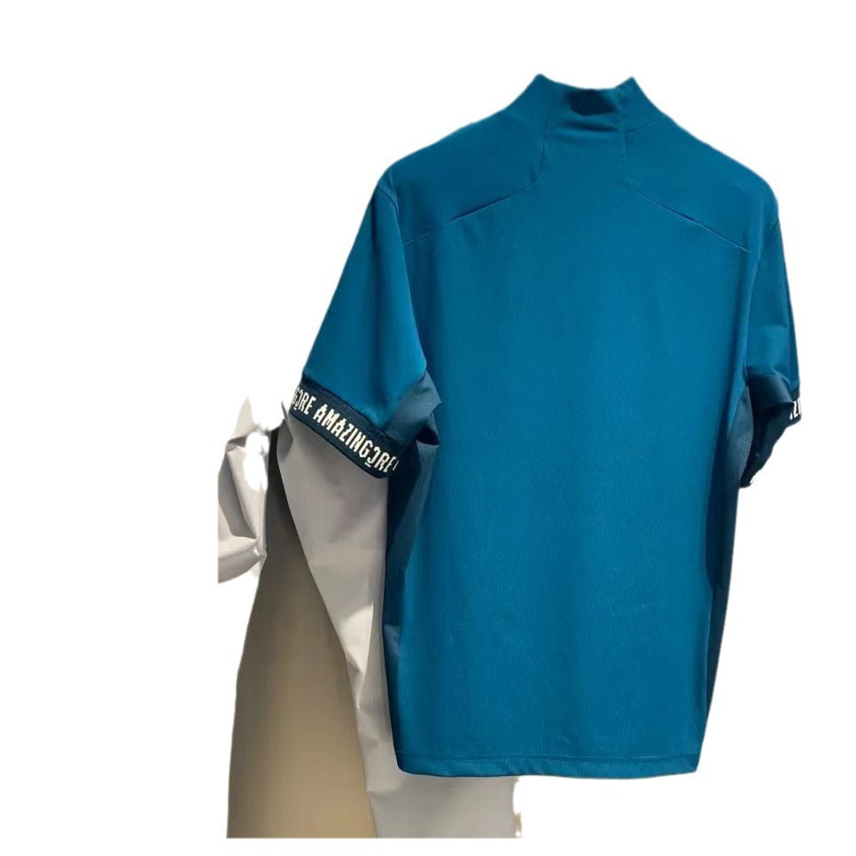 AMAZINGCRE Men Golf Shirt Slim High-Neck Short Sleeve Top