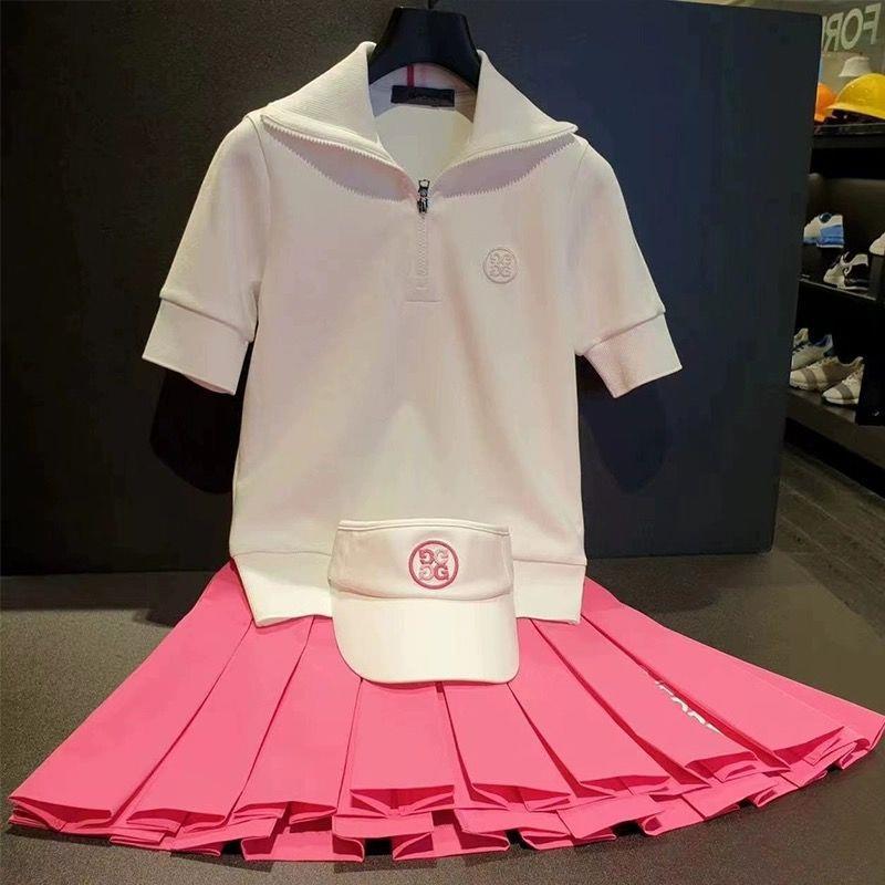 G/FORE Korea Women's Zip-Collar Golf Shirt Short Sleeve Quick Navy/White Top
