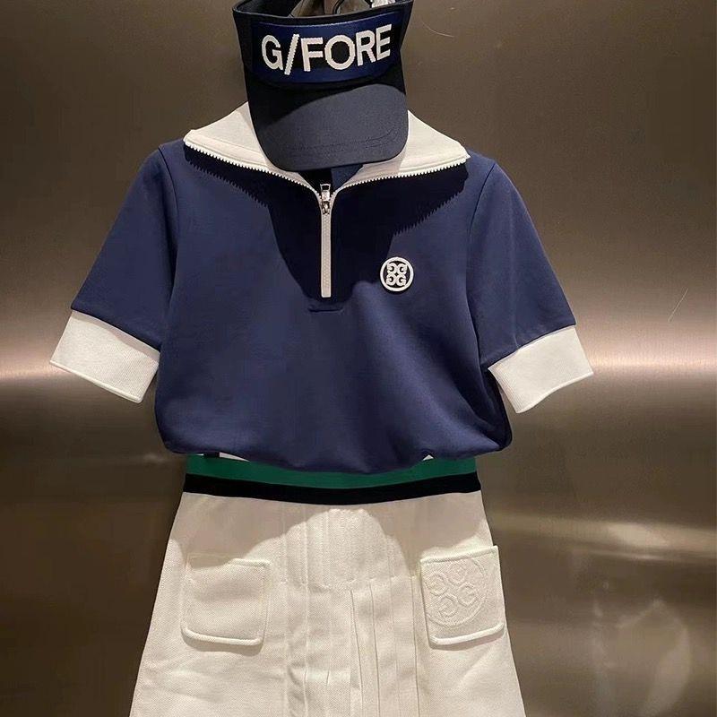 G/FORE Korea Women's Zip-Collar Golf Shirt Short Sleeve Quick Navy/White Top