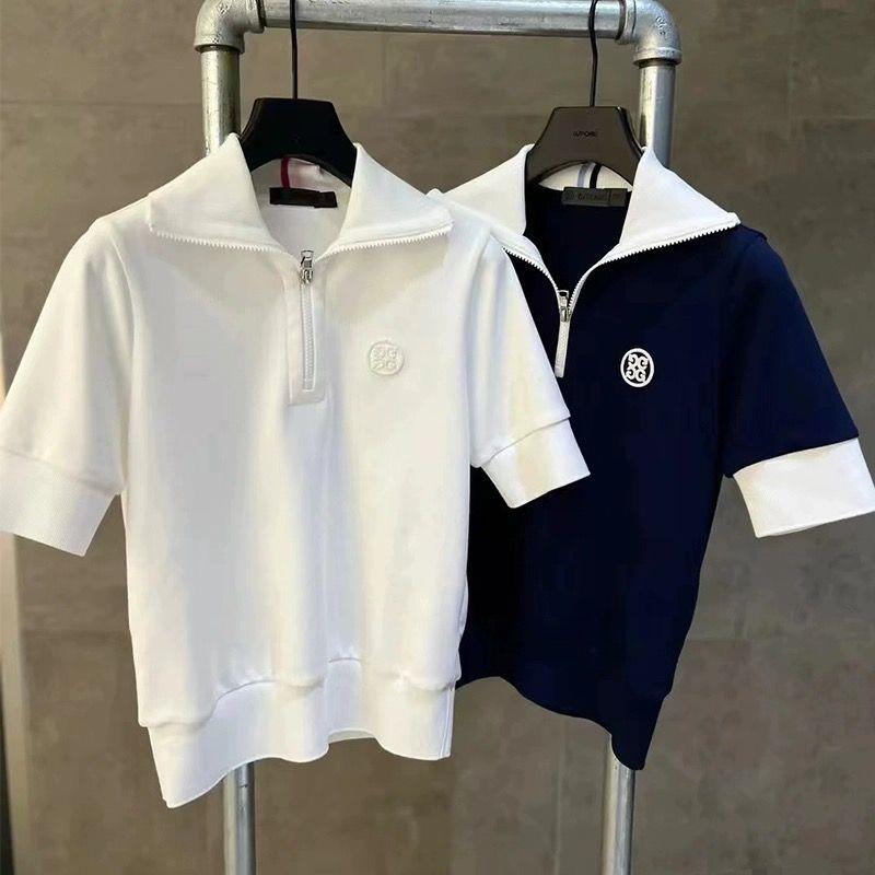 G/FORE Korea Women's Zip-Collar Golf Shirt Short Sleeve Quick Navy/White Top