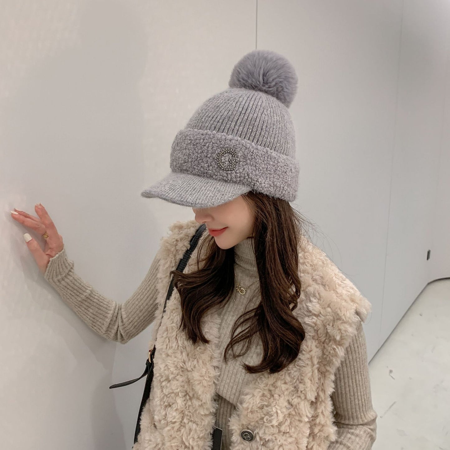 GREEN STAR Korean Style Rabbit Fur Knit Winter Golf Hat for Women