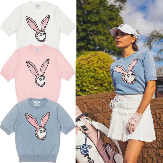MALBON GOLF Korea 2025 Women's Knitted Round-Neck Knit Top Rabbit Short-sleeve Shirt